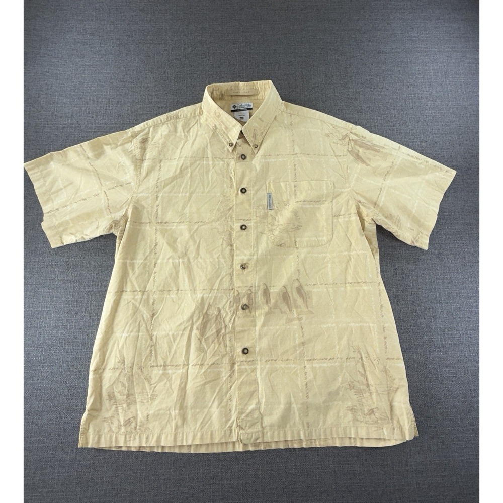Columbia River Lodge Men's L Button Front Shirt Beige Fishing Outdoor Camp Shirt
